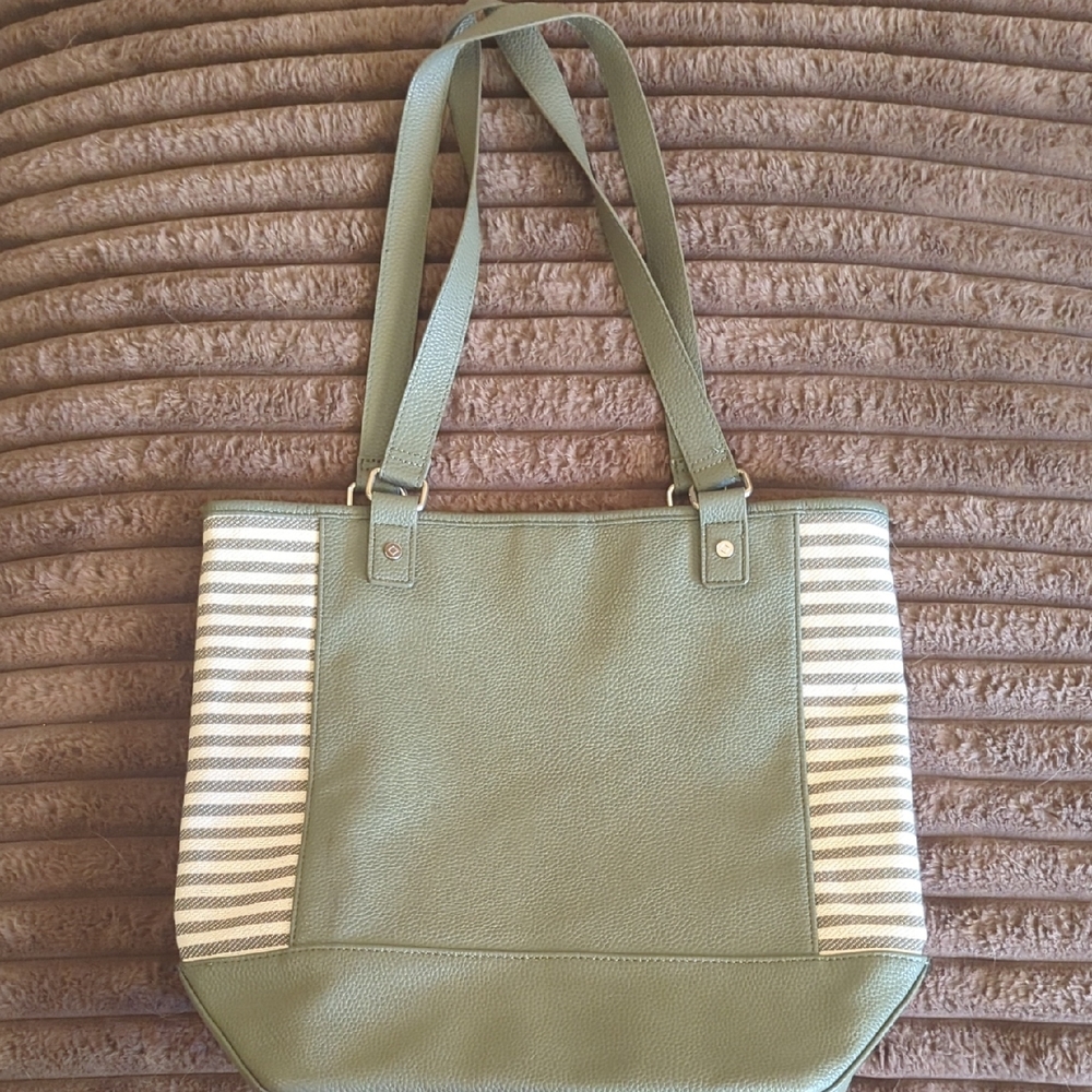 Thirty-One Olive Green Tote with Striped Sides